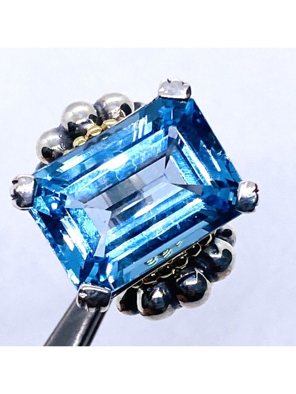 Lagos Caviar Blue Stone Emerald Cut Sterling Silver 925 18K Ring Size 7